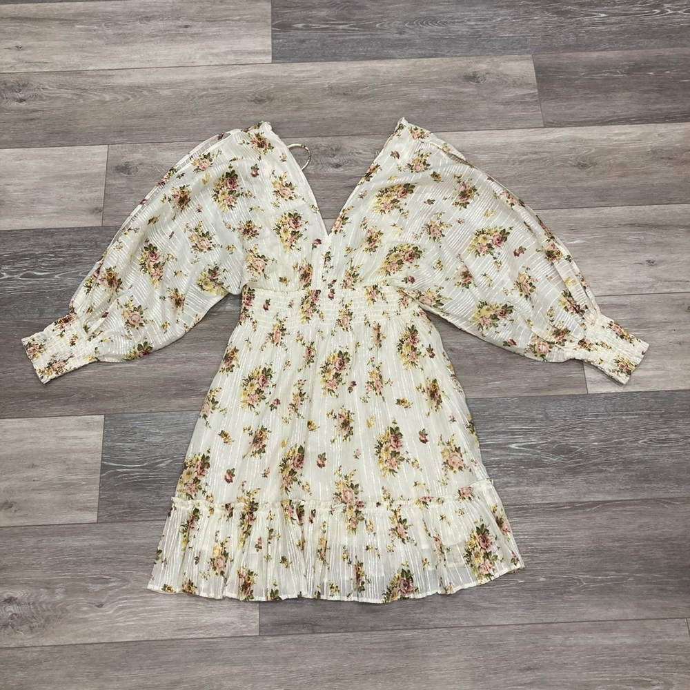 Lovestitch Floral Mini Dress Small V Neck Split Sleeves Open Back with Ties